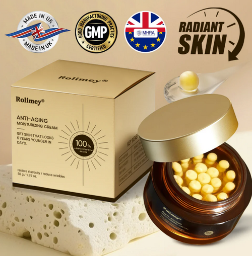 Rolimey® Crema hidratante antienvejecimiento con ácido hialurónico, retinol y colágeno – para rostro, cuello, escote y piernas – Fabricada en el Reino Unido – Uso diurno y nocturno